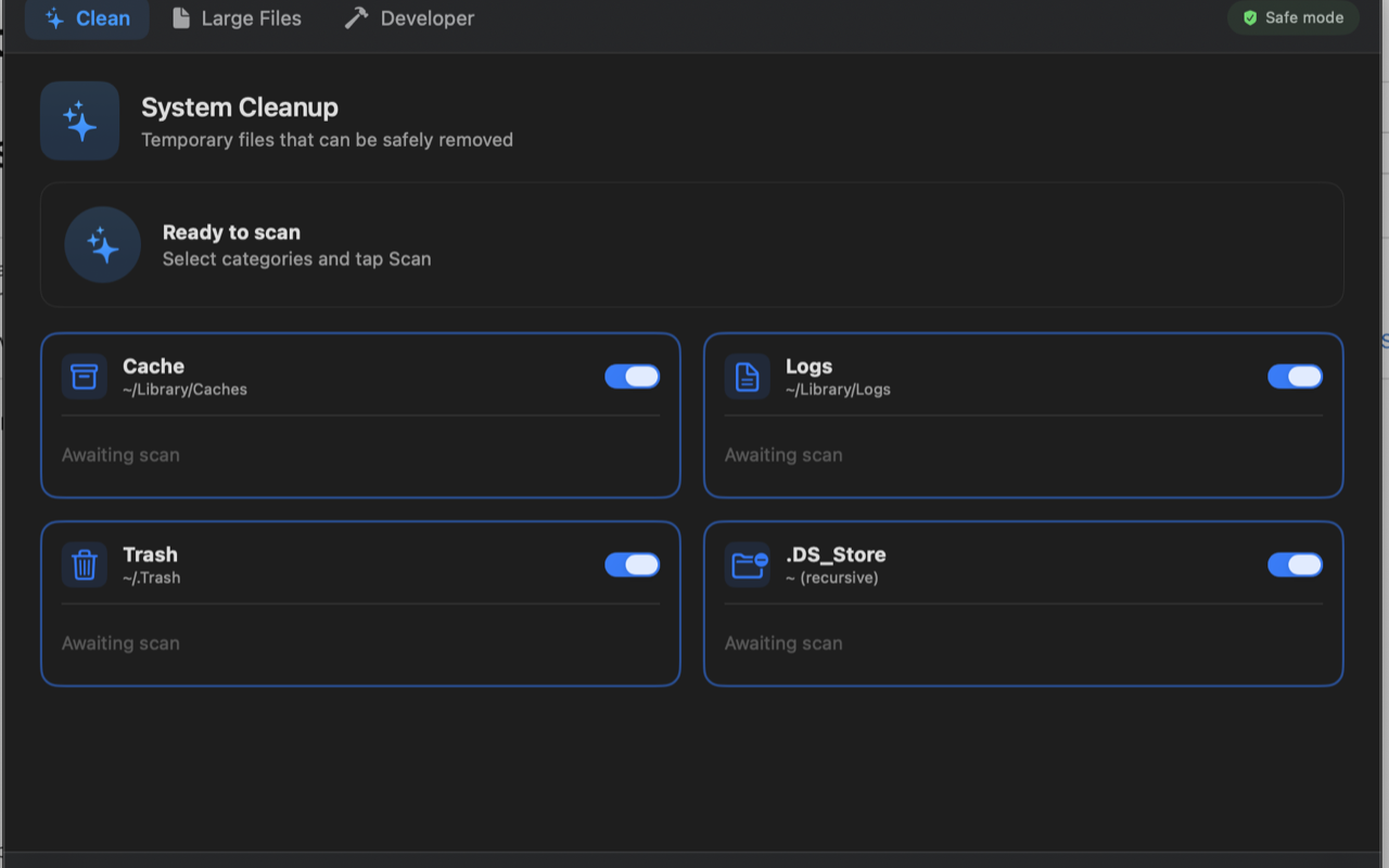 Disk Cleaner Inst — Clean tab showing Cache, Logs, Trash and .DS_Store categories