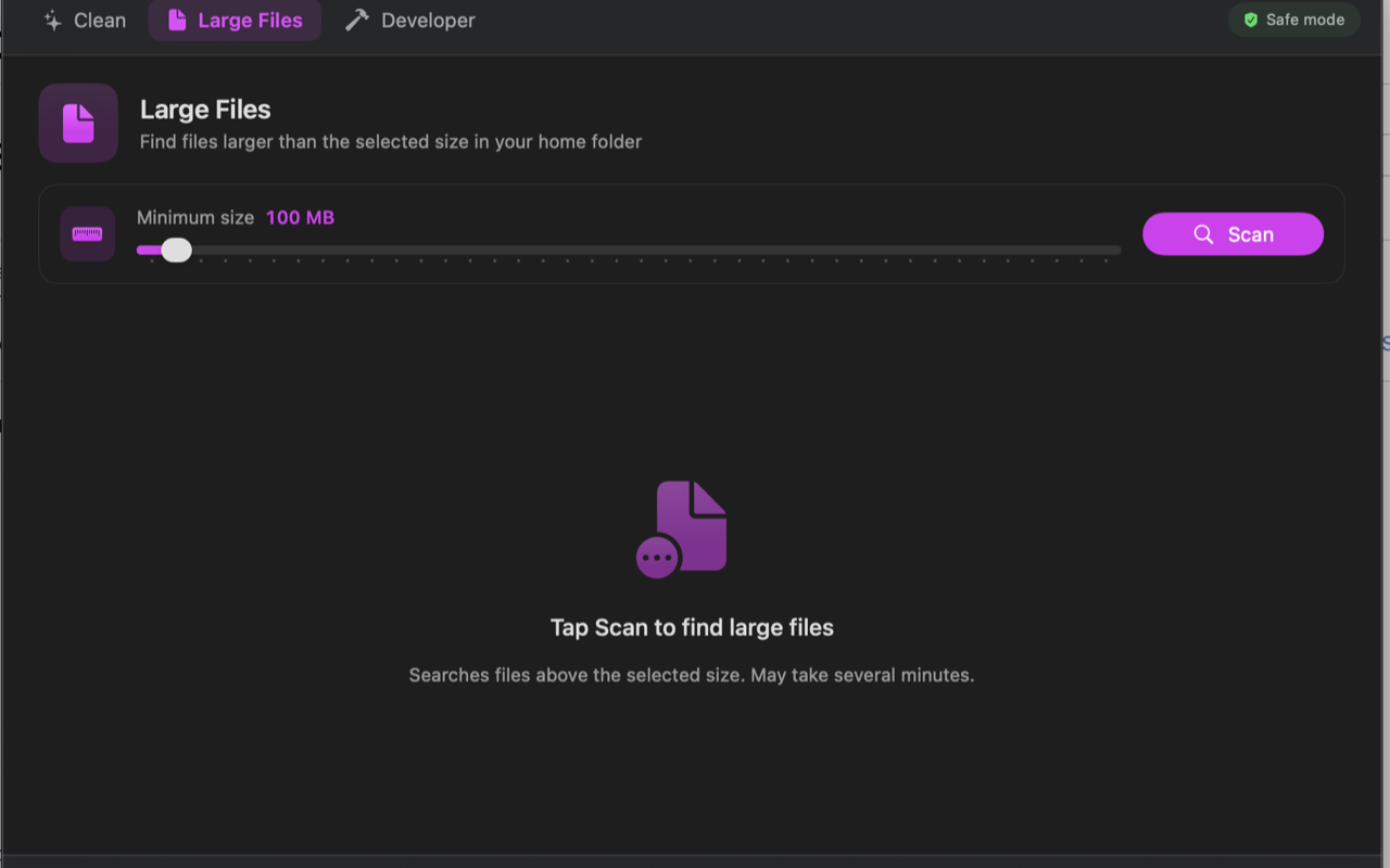 Disk Cleaner Inst — Large Files tab with size slider and Scan button