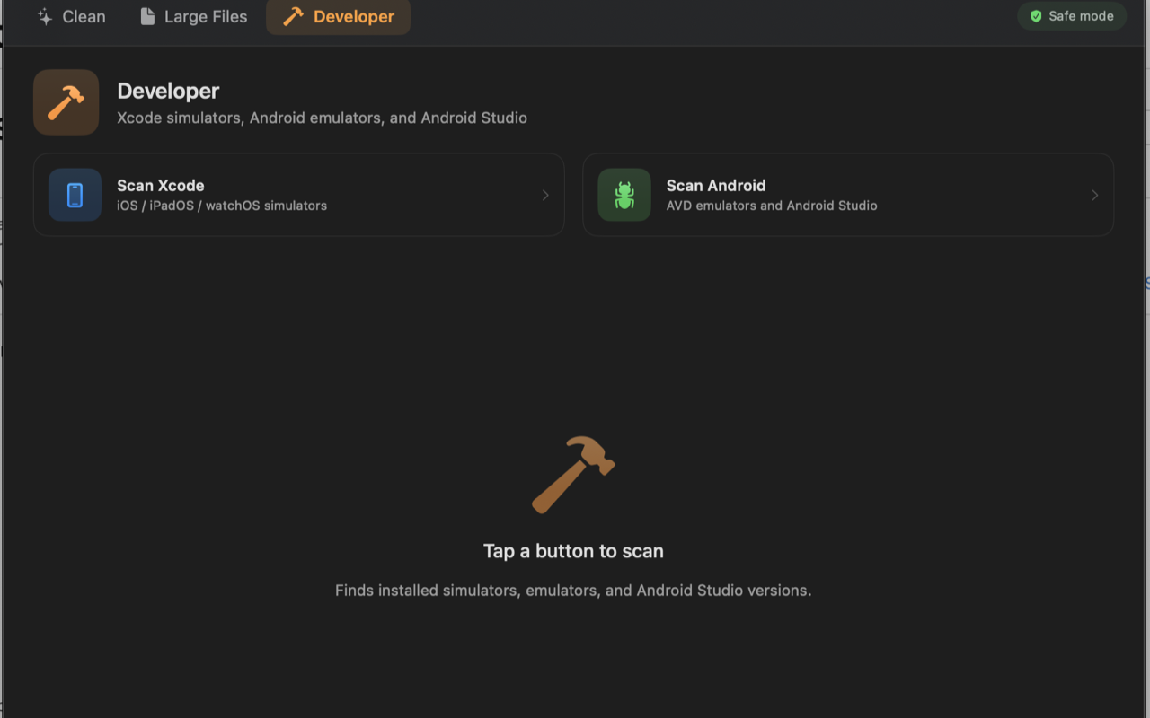 Disk Cleaner Inst — Developer tab for Xcode simulators and Android tools