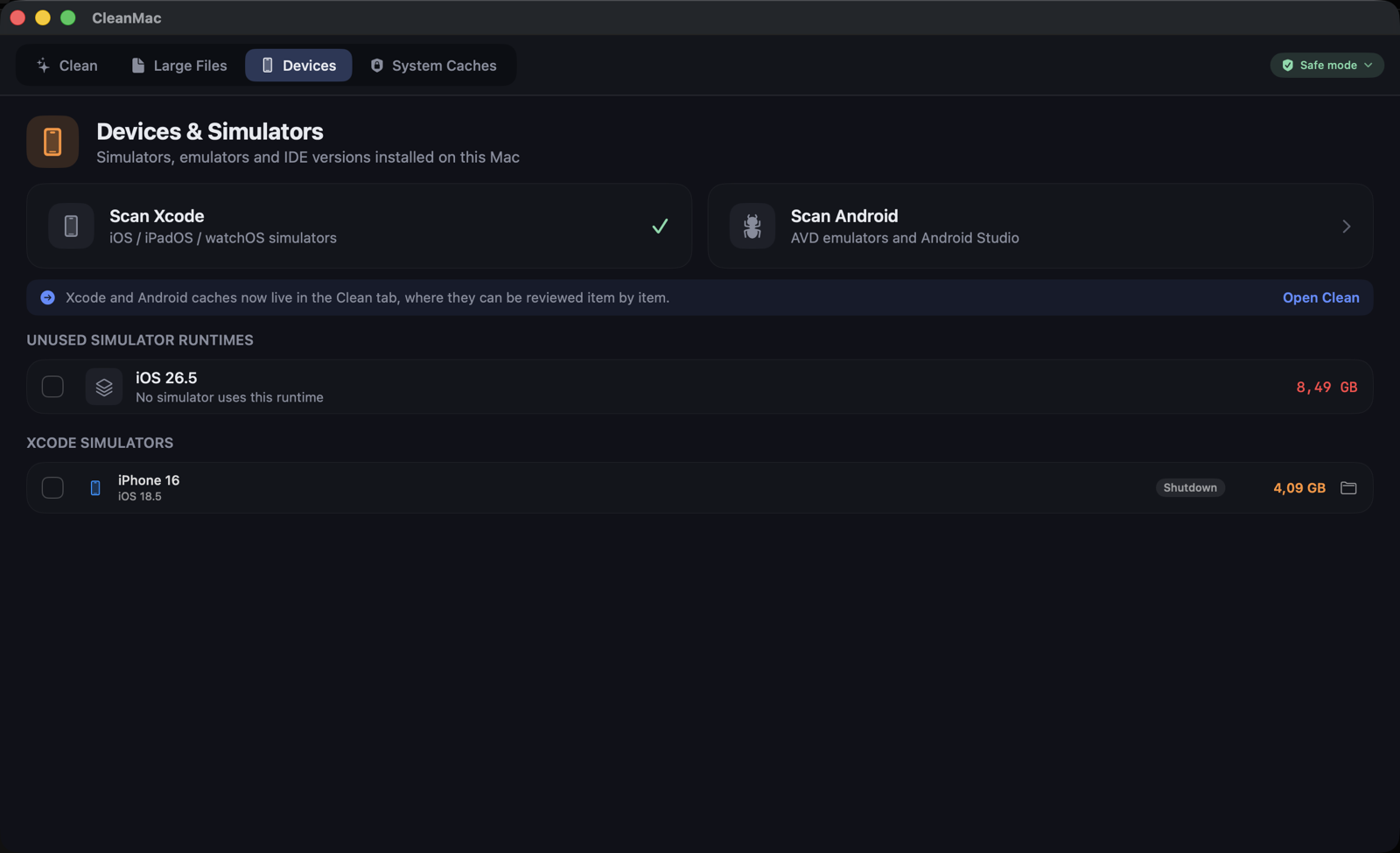 Disk Cleaner Inst — Devices tab listing simulators and unused iOS runtimes
