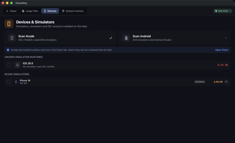 Disk Cleaner Inst — Devices tab listing simulators and unused iOS runtimes