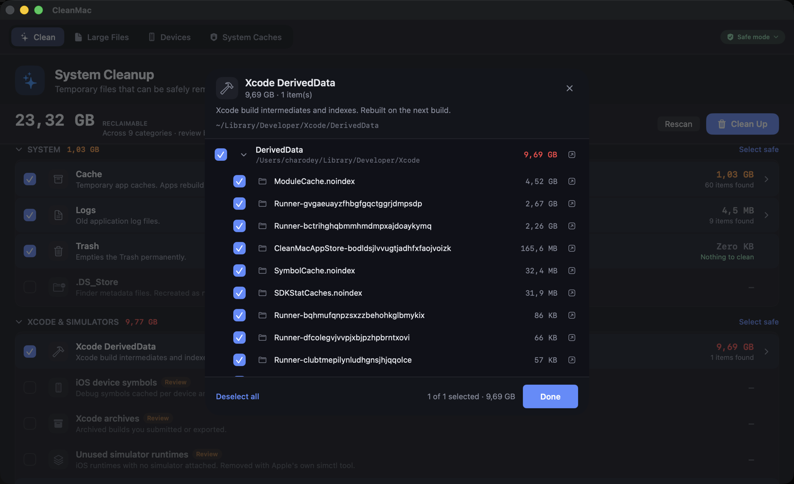 Disk Cleaner Inst — review sheet listing every folder inside a category with a checkbox and its size