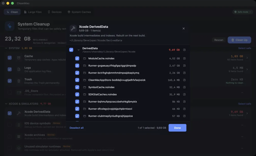 Disk Cleaner Inst — review sheet listing every folder inside a category with a checkbox and its size