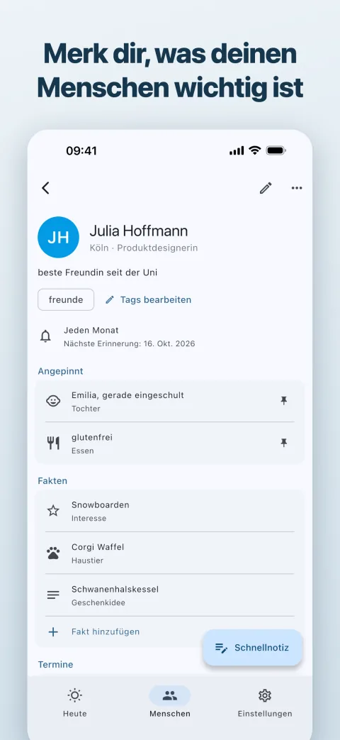 Personenkarte mit angepinnten Fakten