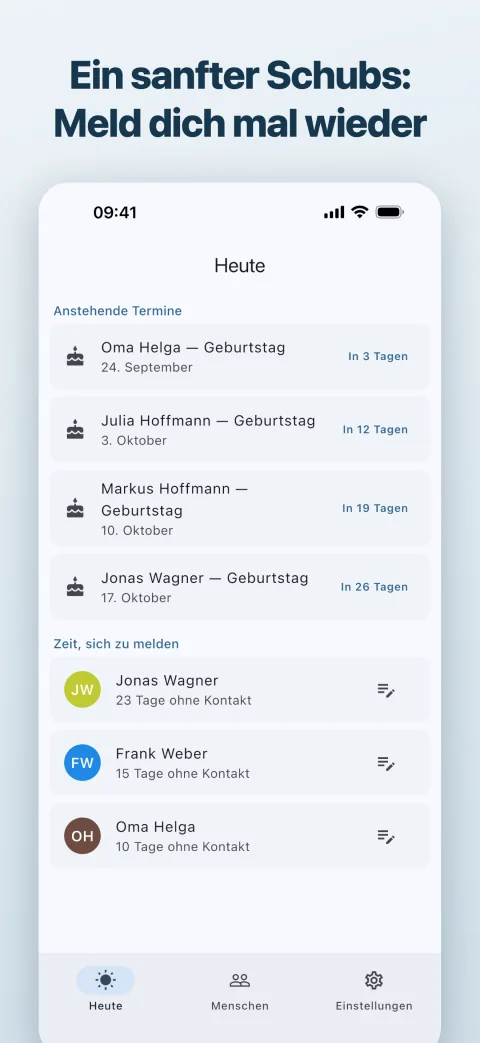 Bildschirm „Heute“ mit anstehenden Terminen