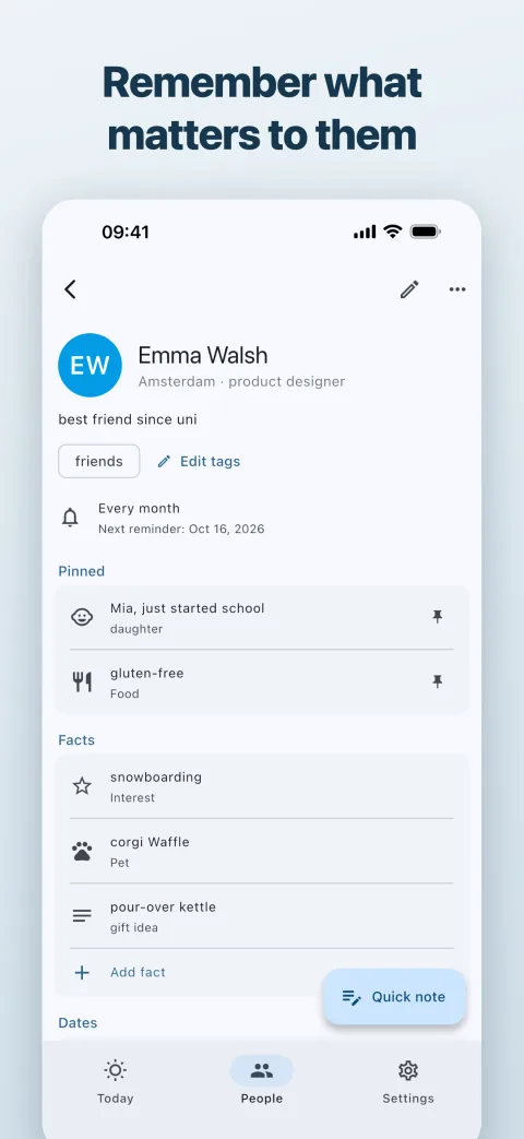 Person card with pinned facts
