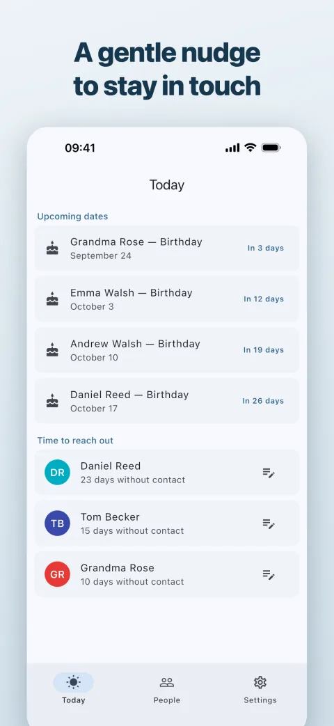 Today screen with upcoming dates