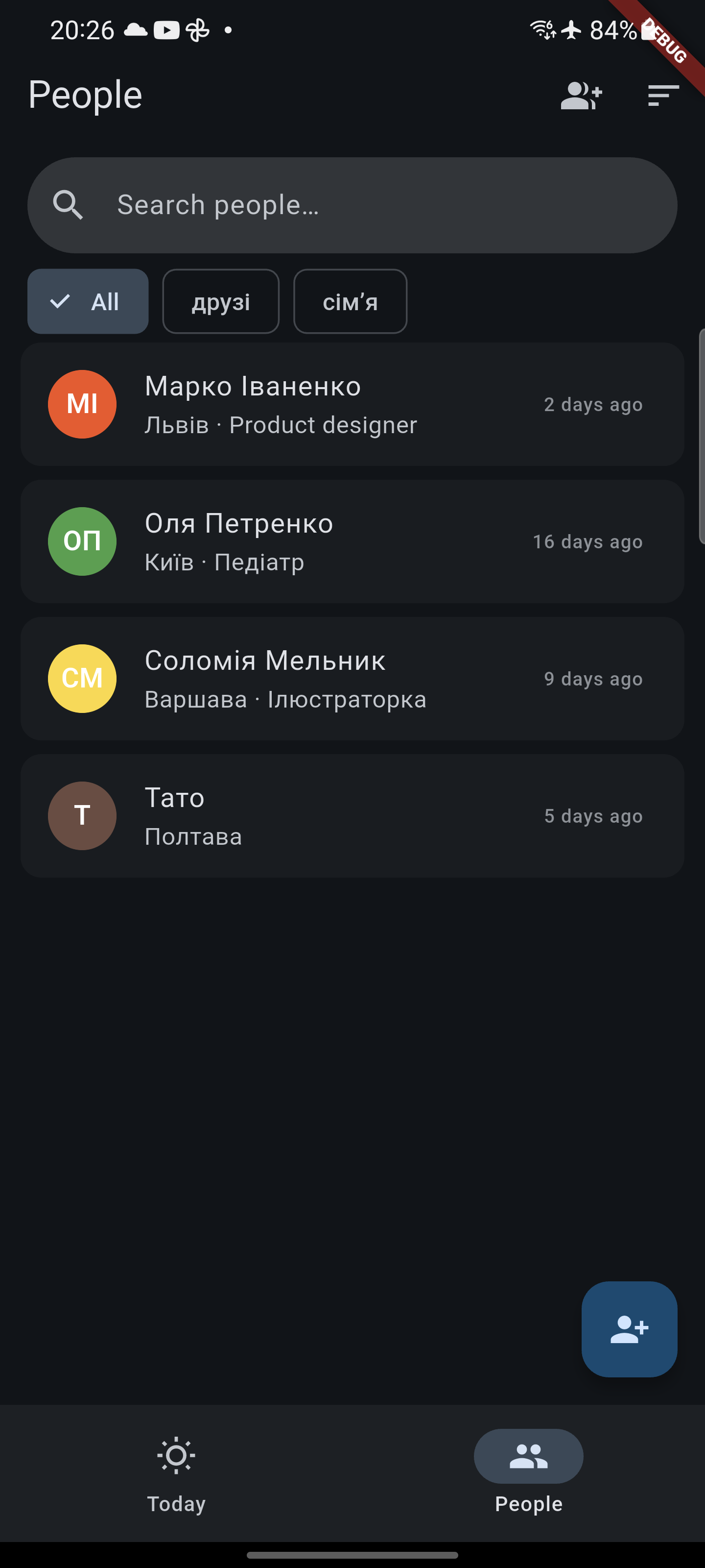Kinfolio — People list with search, tags and last-contact badges