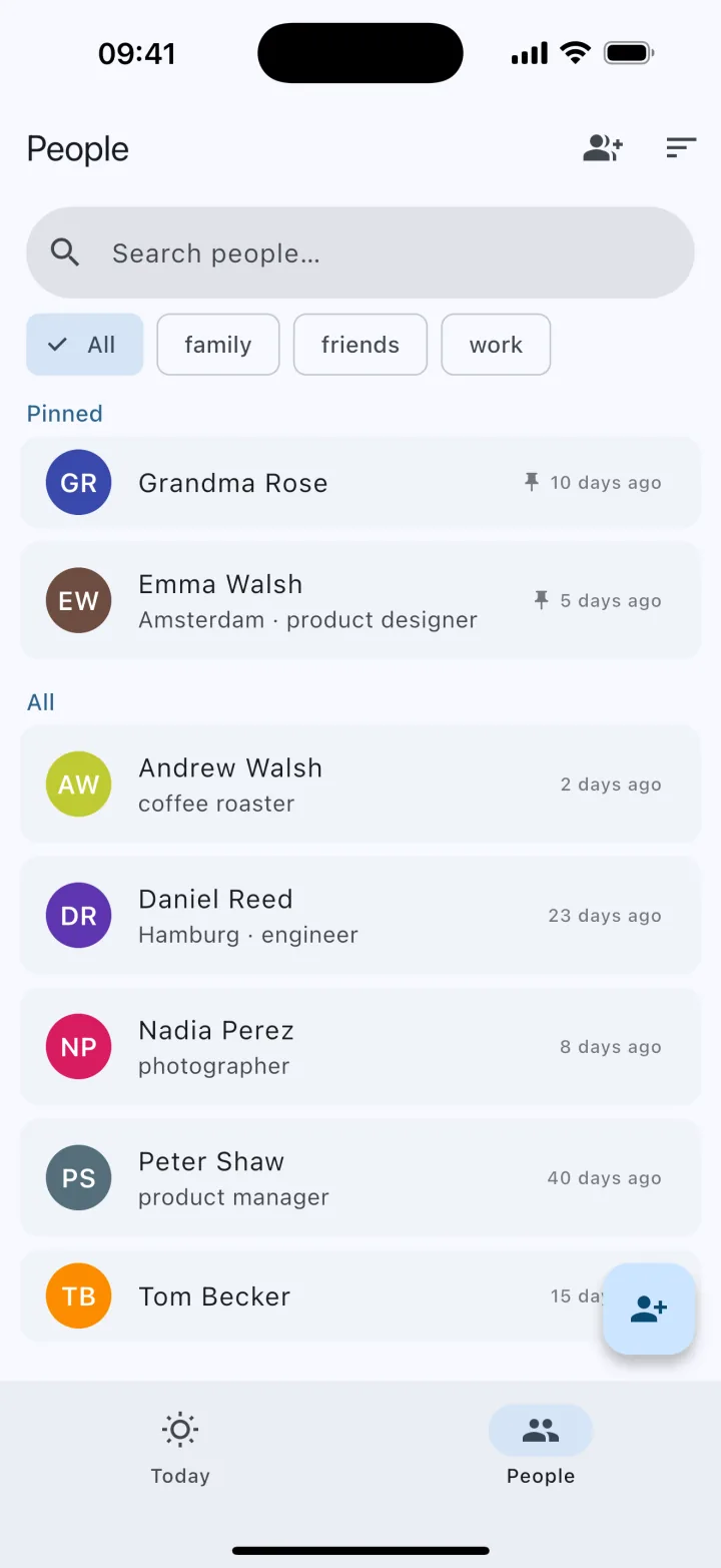Kinfolio — People list with search, tags and last-contact badges