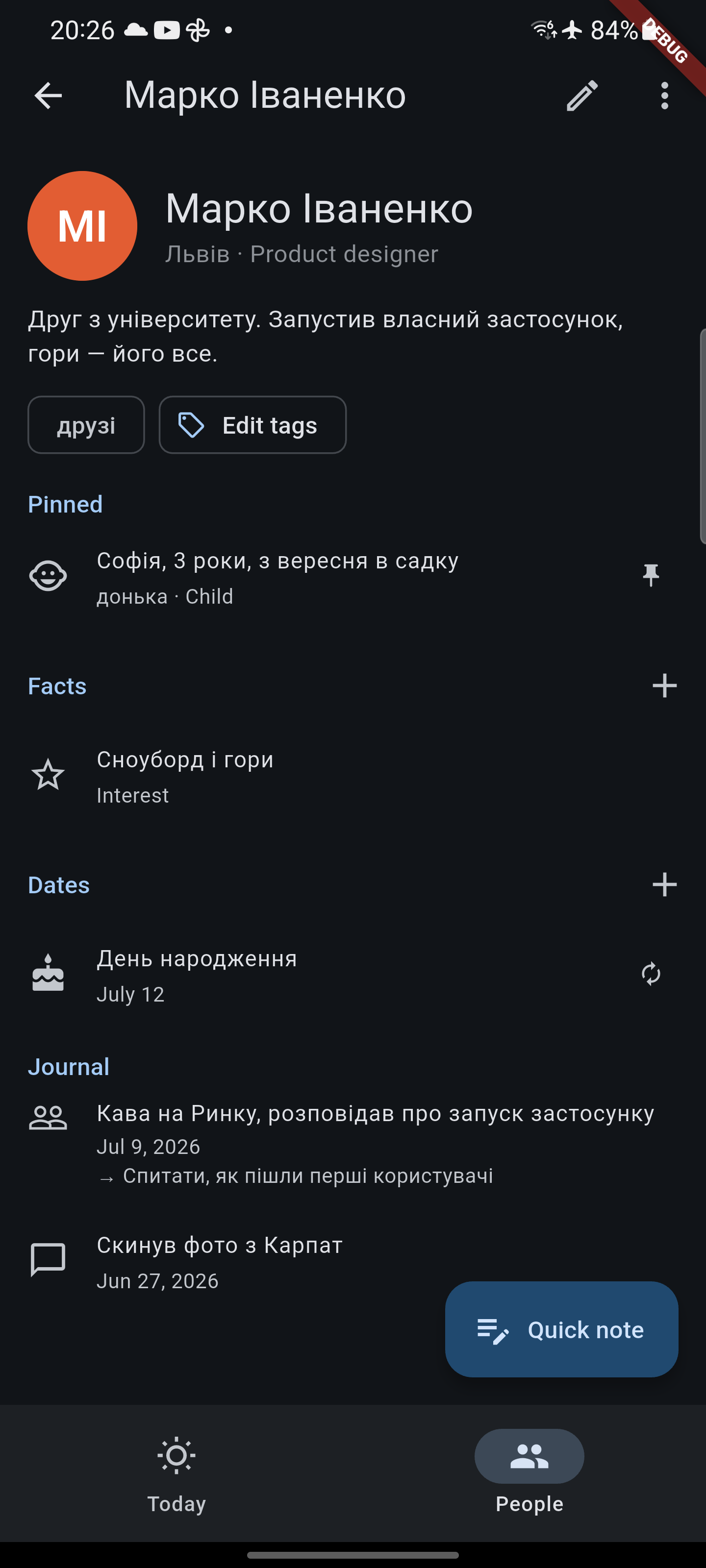Kinfolio — person card with pinned facts, dates and journal