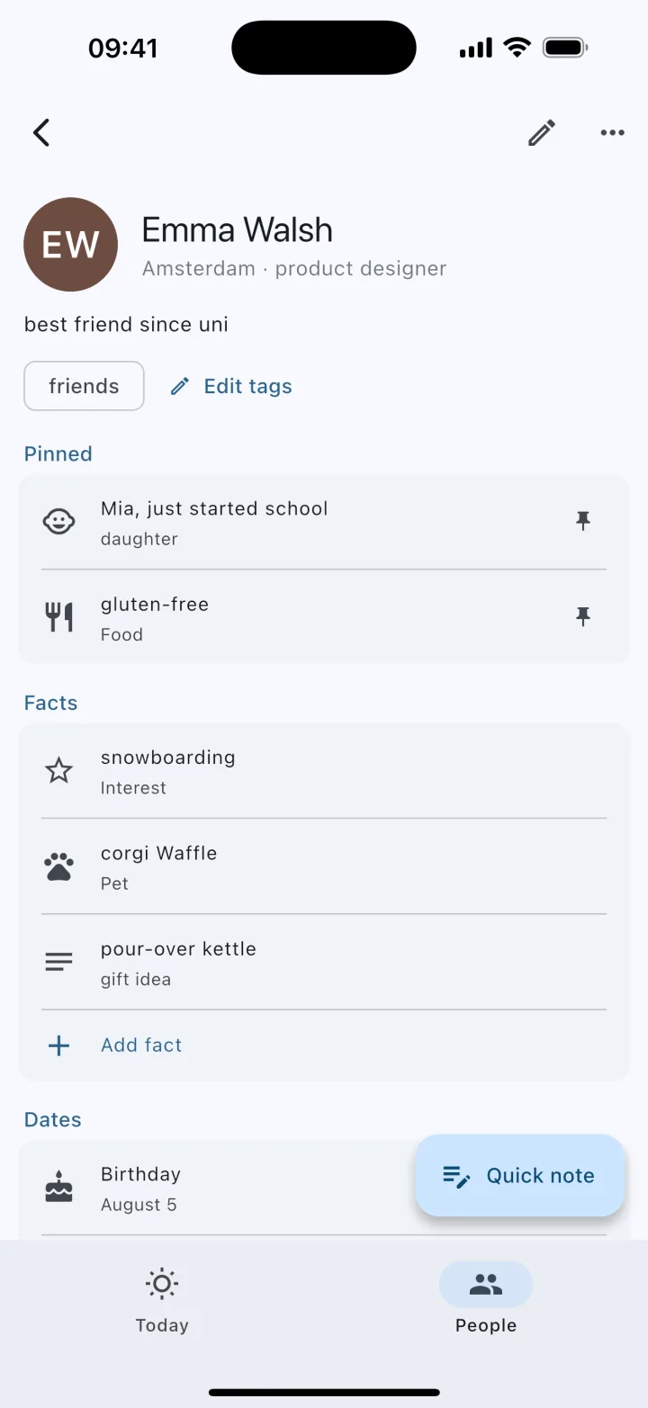 Kinfolio — person card with pinned facts, dates and journal