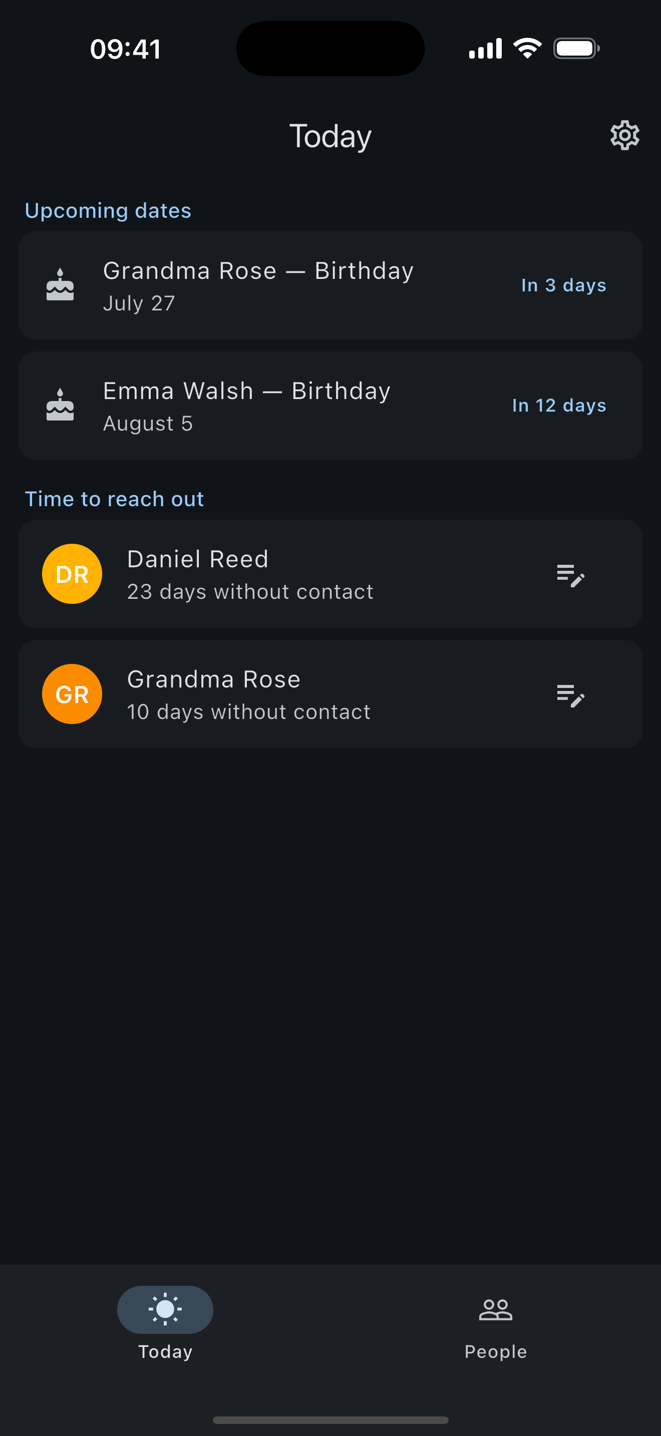 Kinfolio — Today screen in dark mode