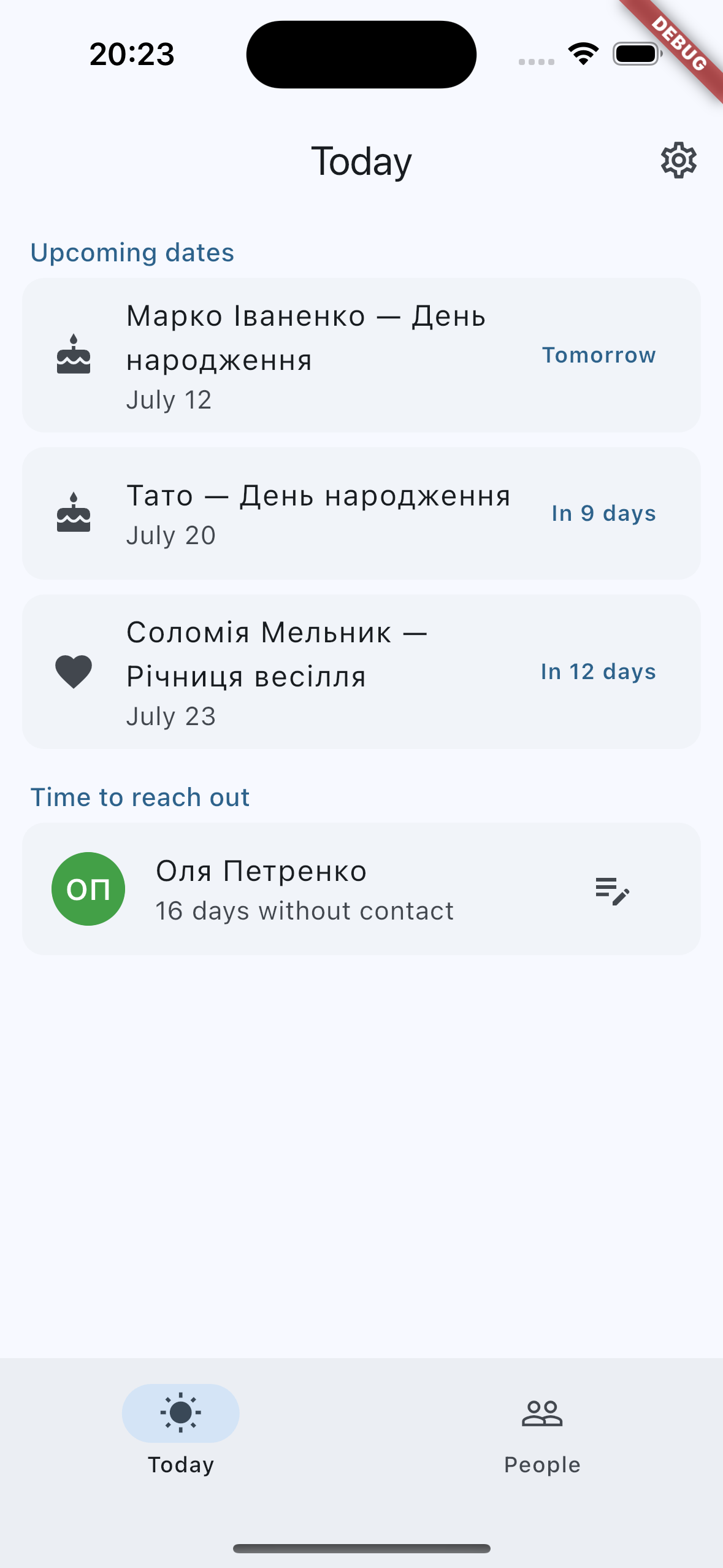 Kinfolio — Today screen with upcoming birthdays and time-to-reach-out list