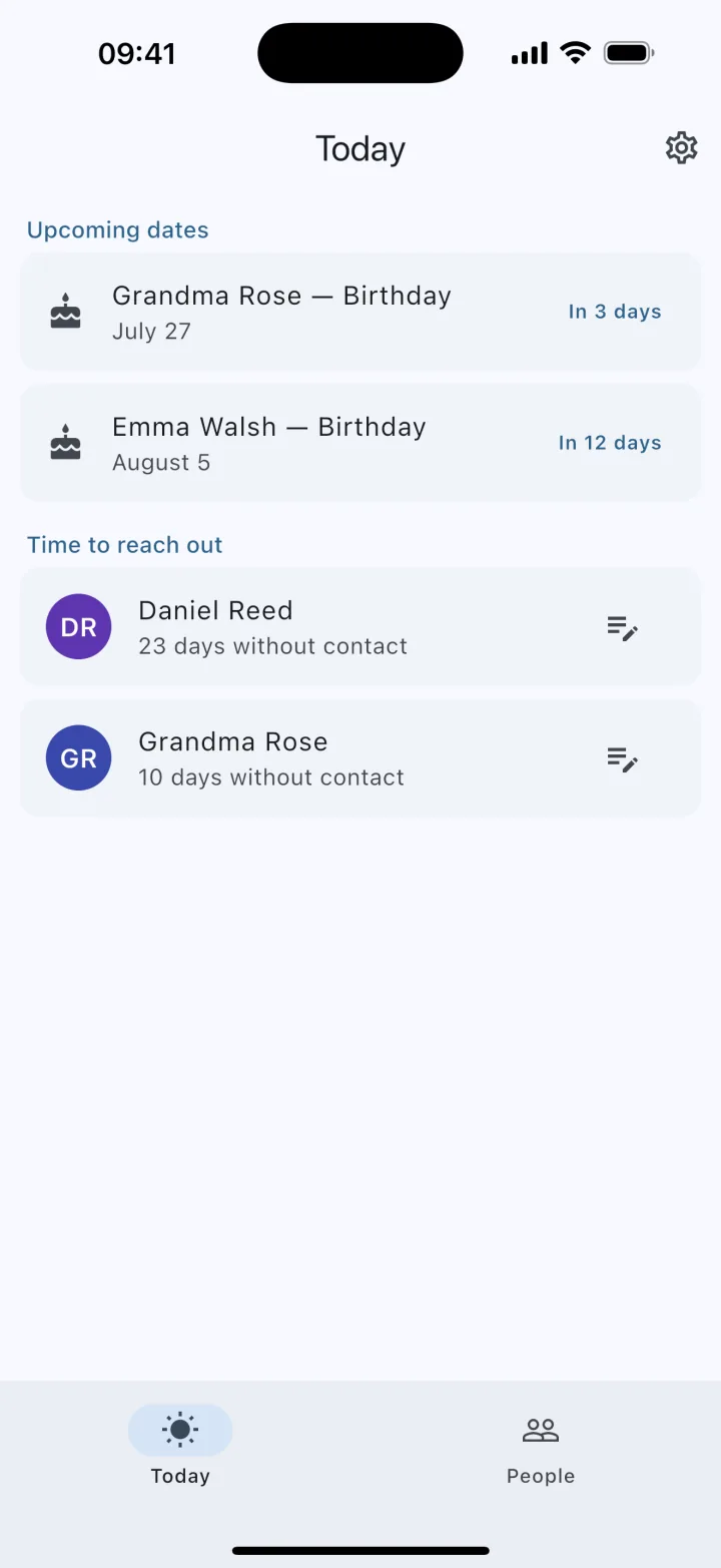 Kinfolio — Today screen with upcoming birthdays and time-to-reach-out list