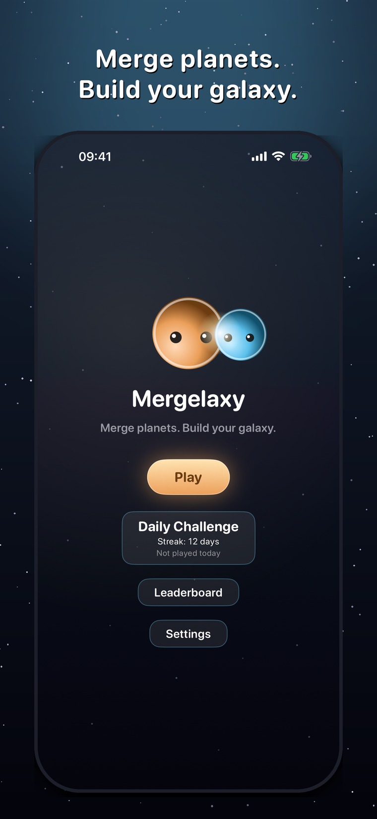Mergelaxy main menu — Play, Daily Challenge with a 12-day streak, Leaderboard and Settings