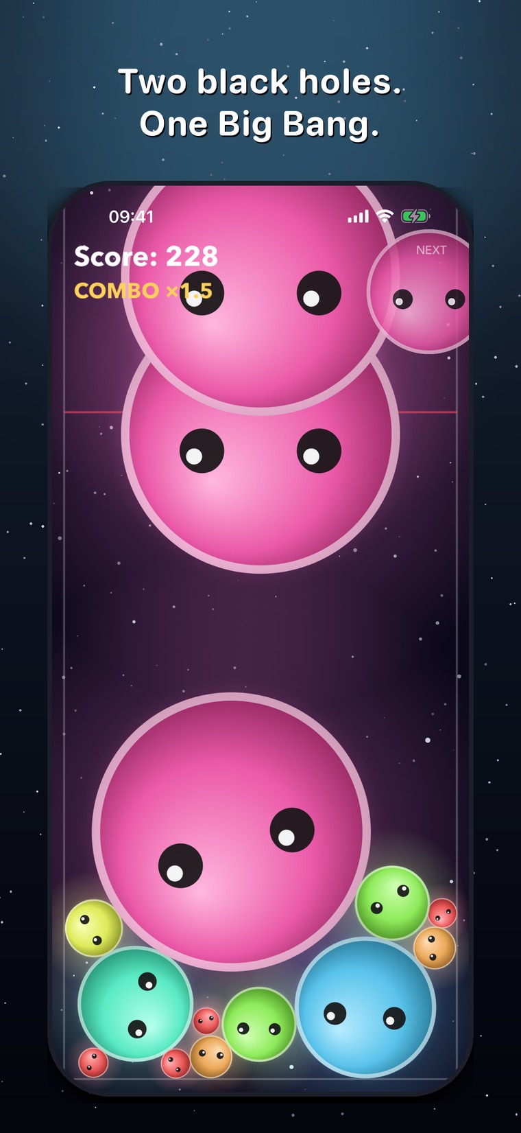 Mergelaxy — two black holes about to touch and trigger the Big Bang, combo running