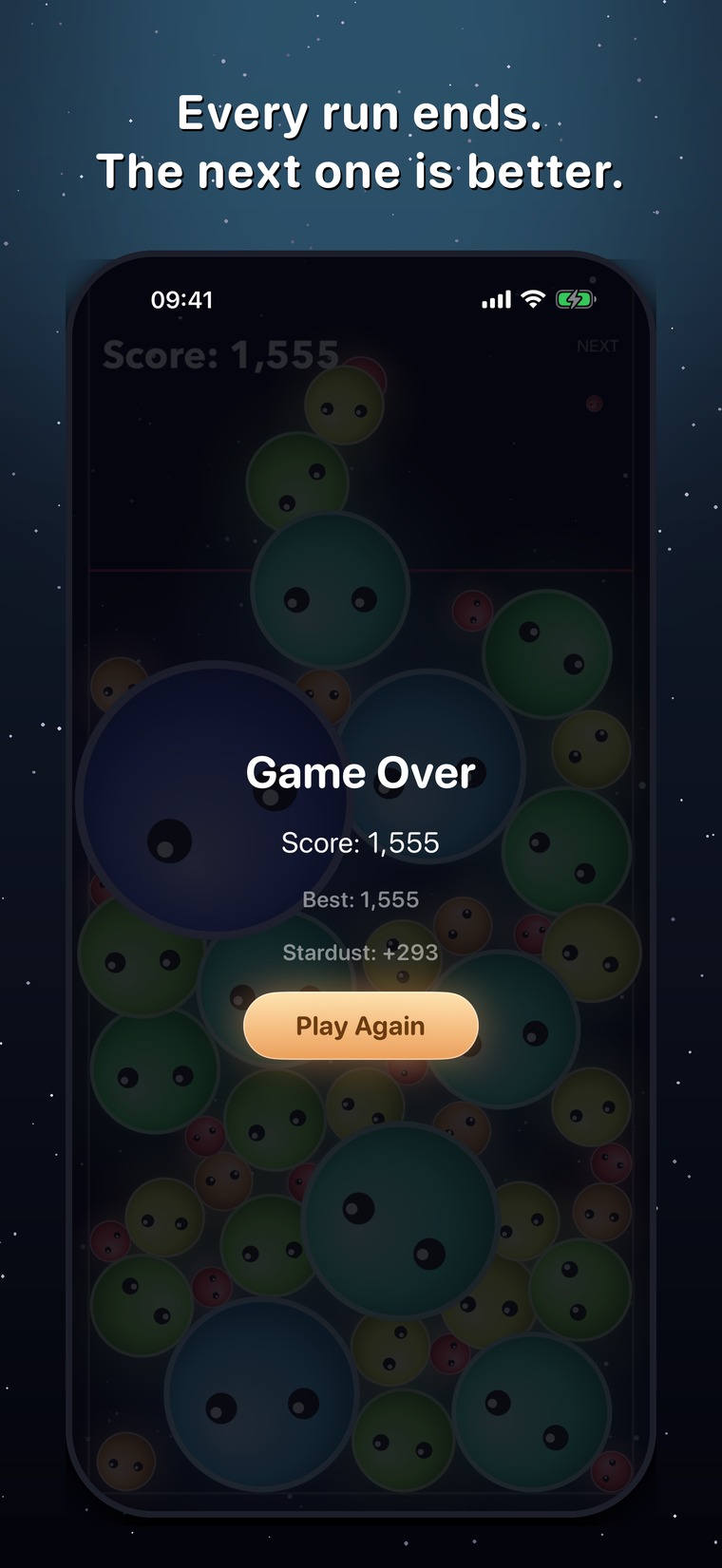 Mergelaxy run summary — score 1,555, new best, and 293 stardust earned