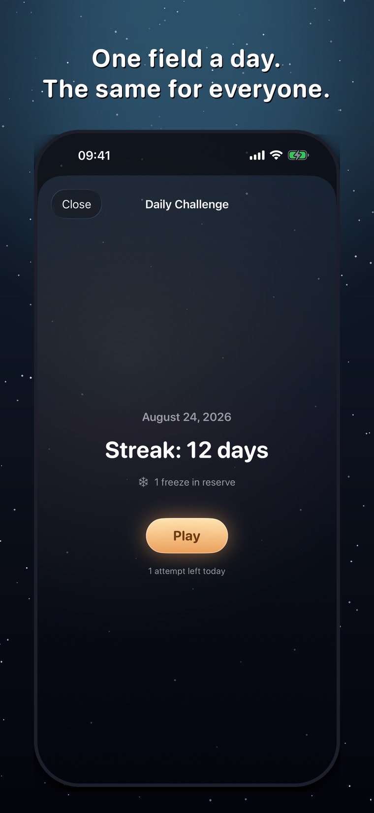 Mergelaxy daily challenge — the same field for everyone, 12-day streak with a freeze in reserve