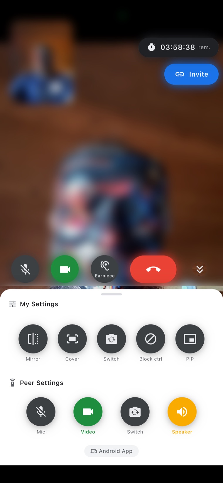 One2One in-call settings — My Settings with mirror, cover and camera switch, Peer Settings for the other side's mic and camera