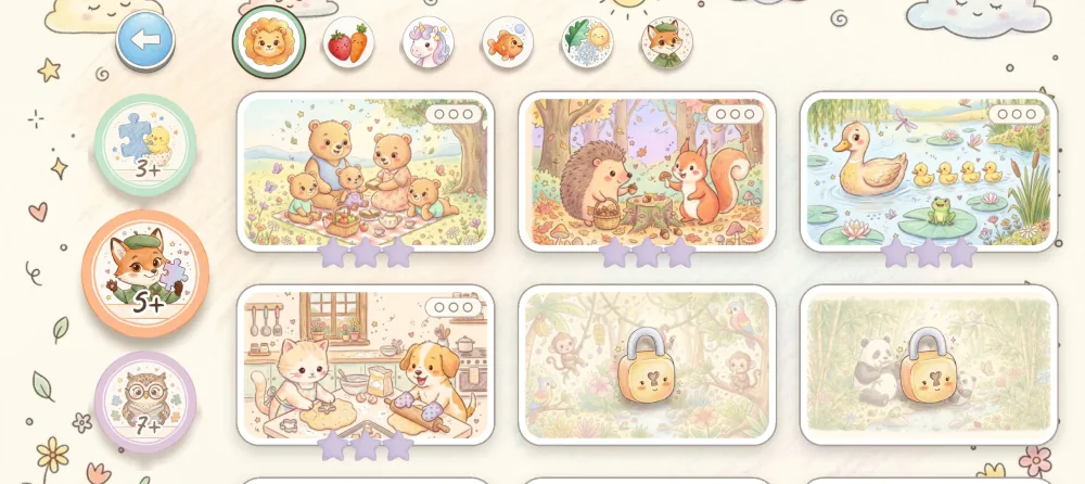 The 5+ section: theme tabs at the top, picture cards with stars — a bear picnic, a hedgehog and a squirrel, ducklings on a pond, a kitten and a puppy baking — and padlocked cards from an extra pack