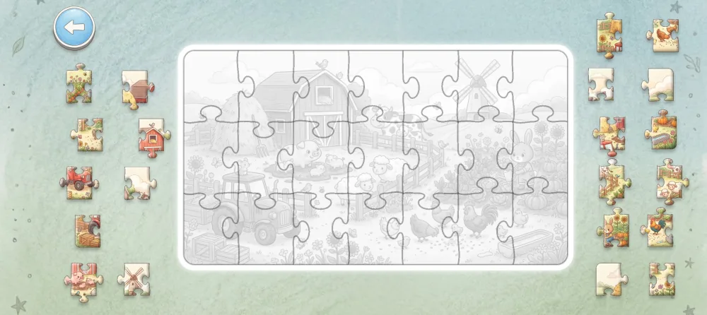 A 21-piece farm puzzle for ages 7+: a barn, a tractor and animals on a faded board, with pieces waiting on both sides