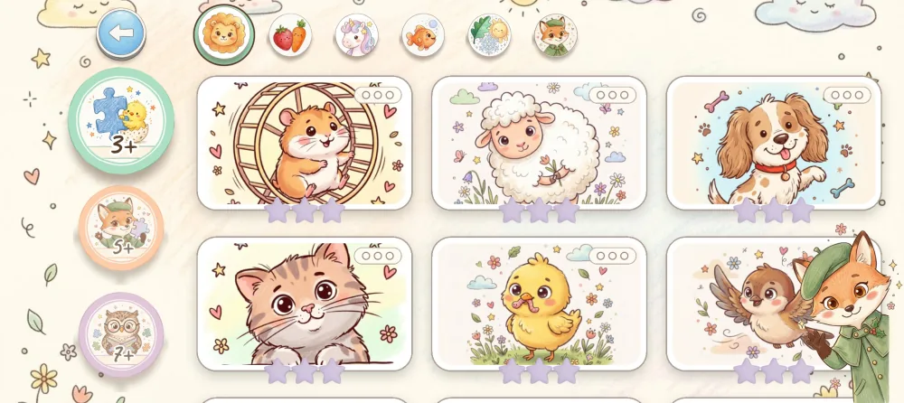 The 3+ section: age buttons 3+, 5+ and 7+ on the left, theme tabs at the top, and picture cards — a hamster, a sheep, a puppy, a kitten, a chick and a sparrow — each with three stars to earn