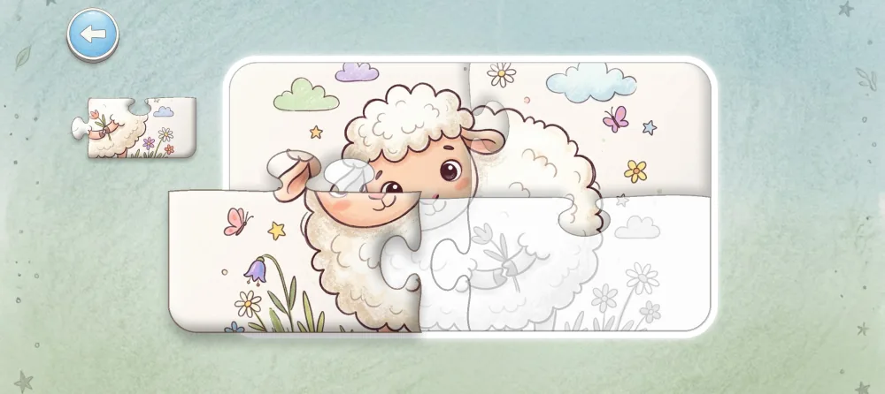 A 4-piece sheep puzzle in progress: two pieces already on the board over a faded copy of the picture, one being dragged in, one waiting at the side