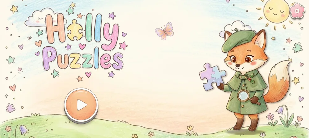 Holly Puzzles start screen: the hand-drawn Holly Puzzles logo, a big orange play button, and Holly the fox in a green beret holding a puzzle piece and a magnifying glass