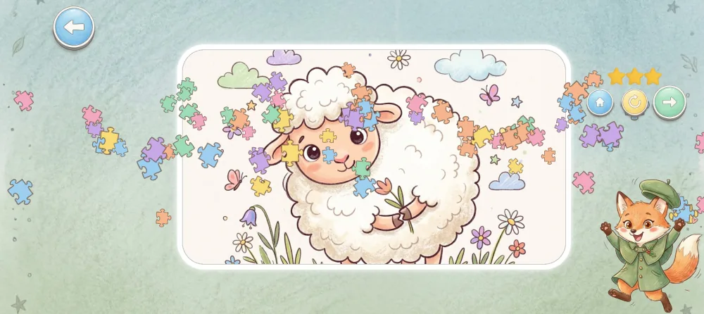 The finished sheep puzzle: three gold stars, puzzle-piece confetti, Holly the fox jumping for joy, and buttons for home, play again and next
