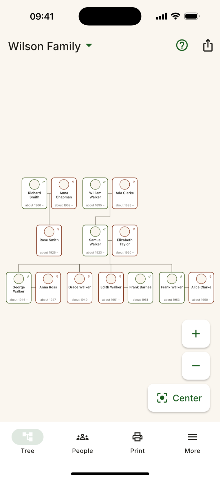Rodovid — family tree view with three generations, pan and zoom