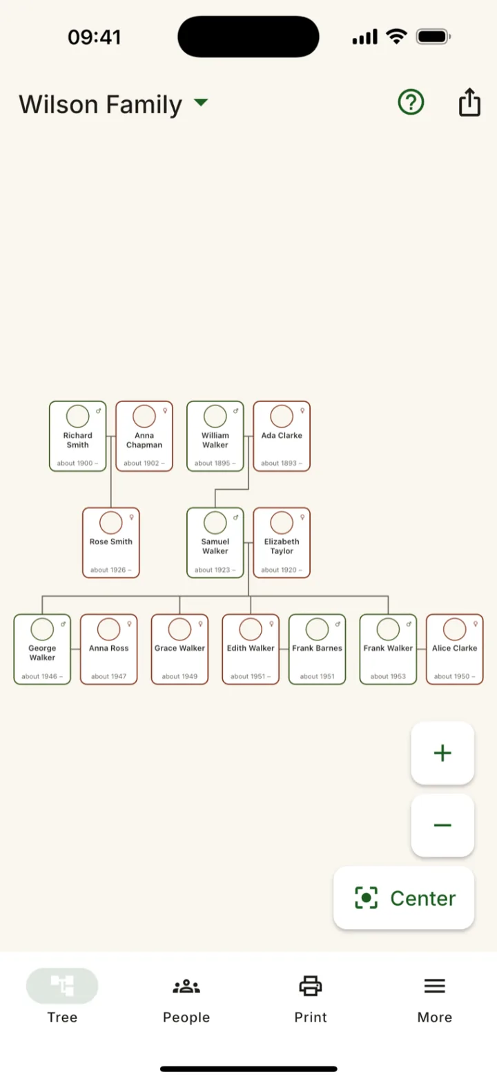 Rodovid — family tree view with three generations, pan and zoom