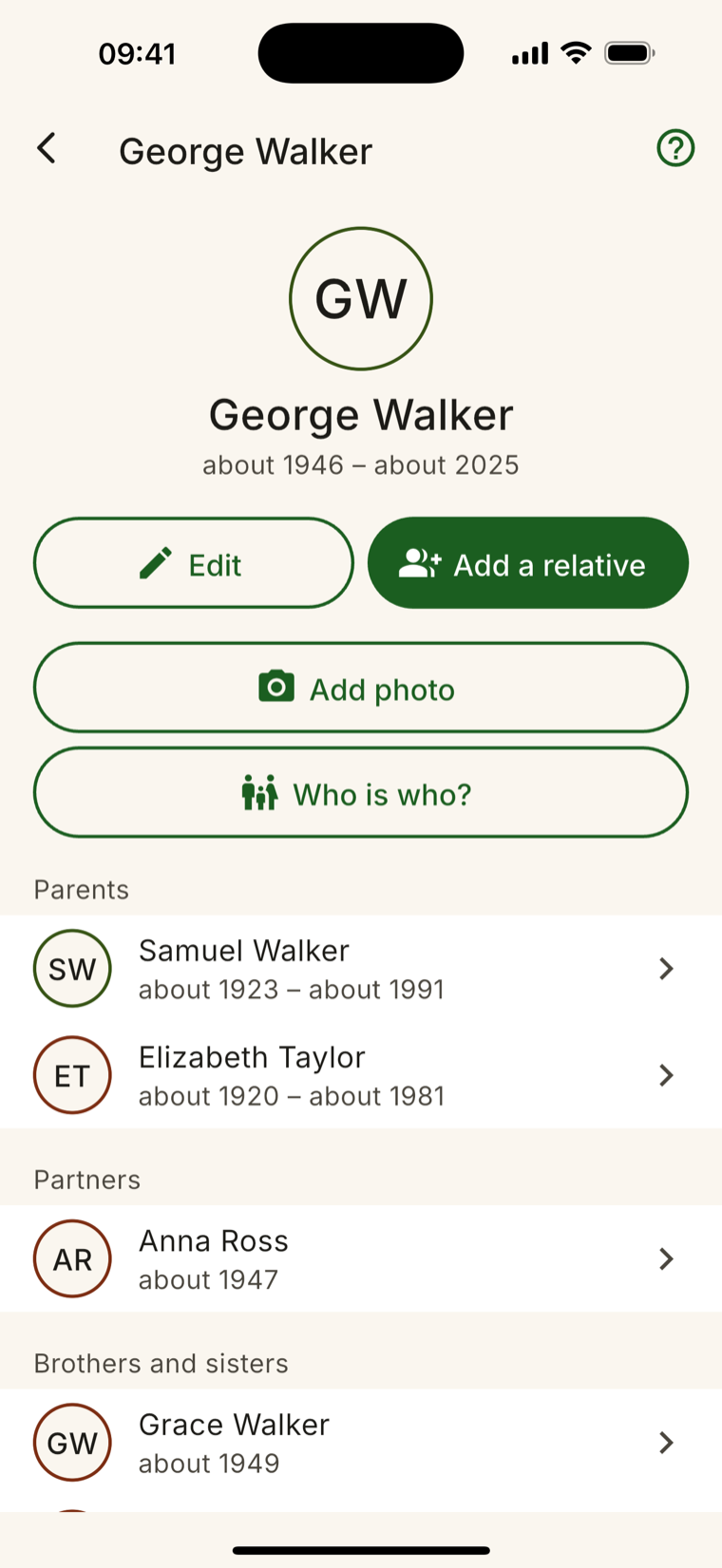 Rodovid — person card with parents, partners, brothers and sisters