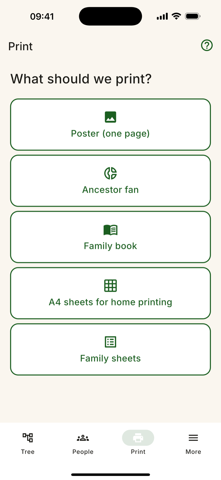 Rodovid — print menu: poster, ancestor fan, family book, A4 sheets, family sheets