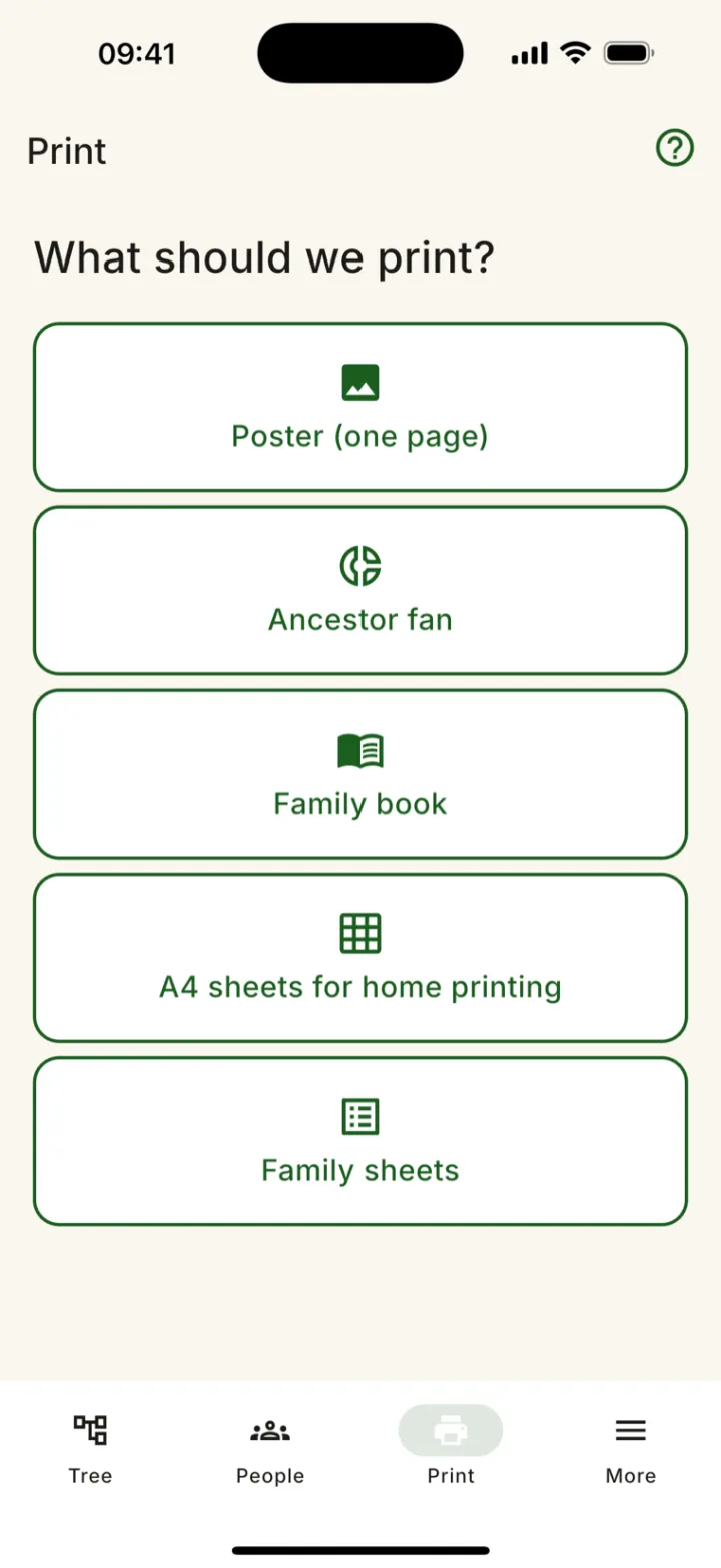 Rodovid — print menu: poster, ancestor fan, family book, A4 sheets, family sheets