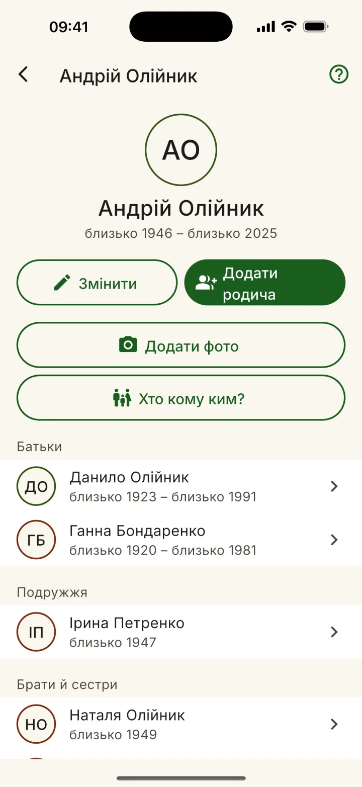 Rodovid — картка людини з батьками, партнерами, братами й сестрами