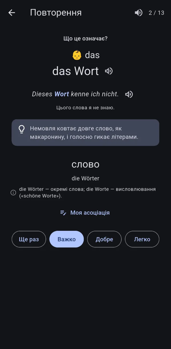 Sprachnest review card for “das Wort”: a baby emoji marks the neuter article, an example sentence with translation, a memory scene, the plural “die Wörter” and four rating buttons