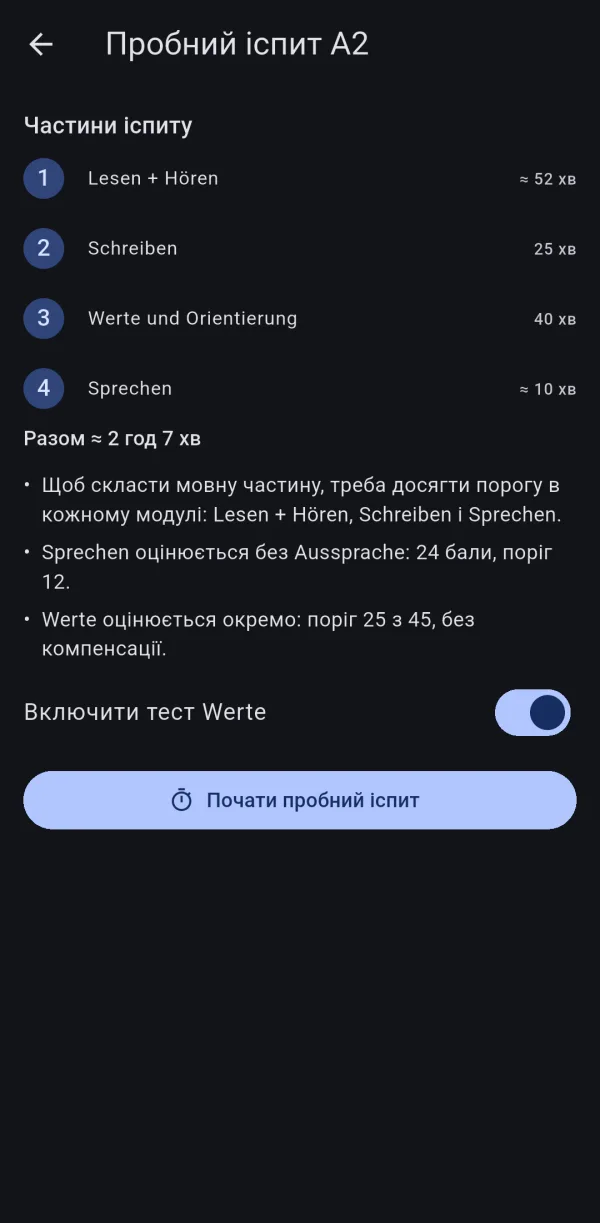 Sprachnest mock exam A2: Lesen + Hören about 52 min, Schreiben 25 min, Werte und Orientierung 40 min, Sprechen about 10 min — about 2 h 7 min in total