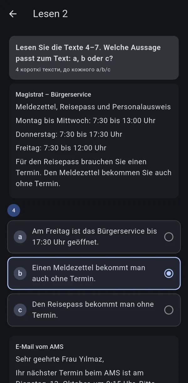 Sprachnest Lesen Teil 2 in exam format: a Magistrat Bürgerservice notice with opening hours and question 4 with answers a, b and c
